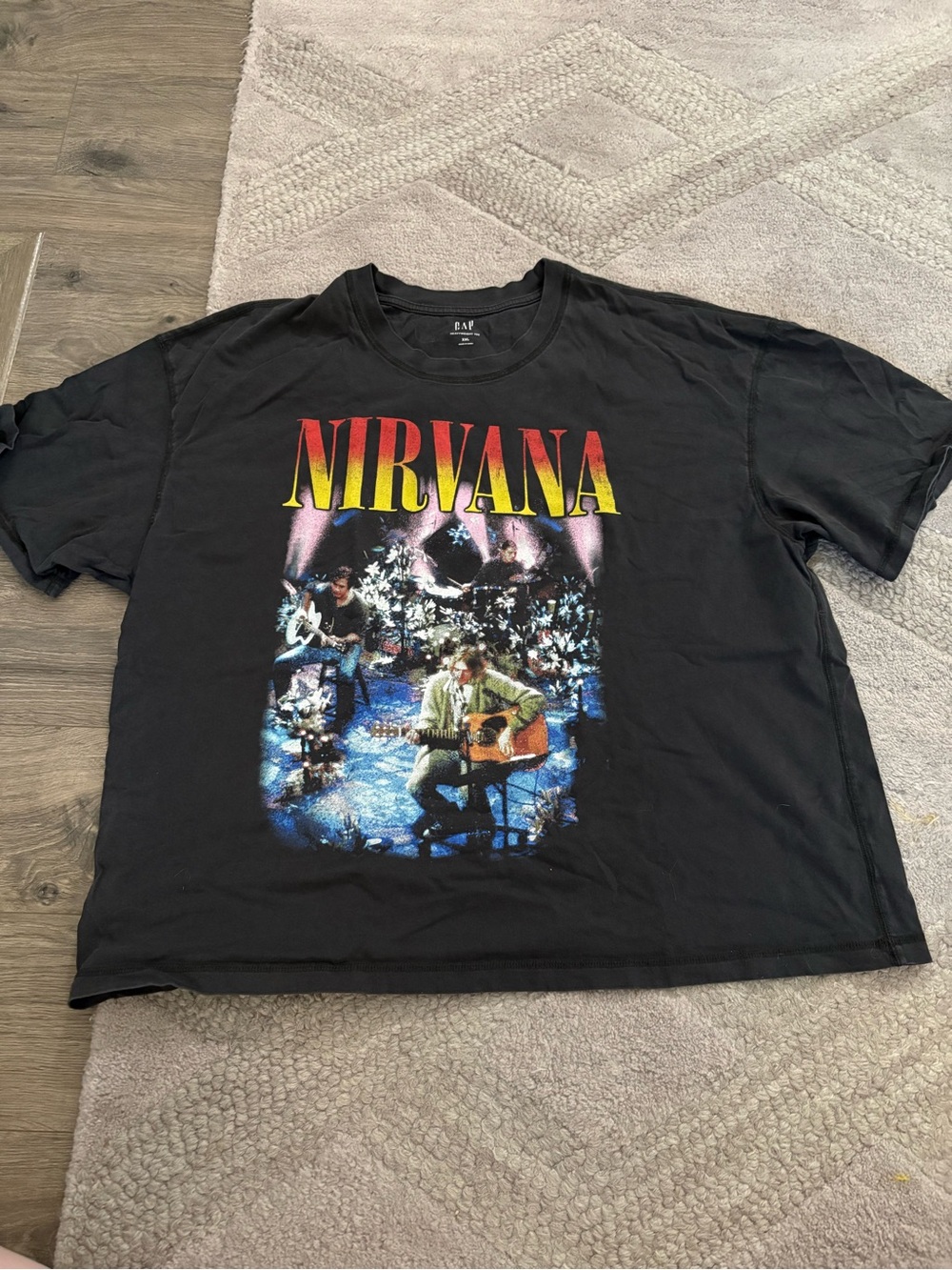 GAP Black Nirvana Tee with Red-to-Yellow Logo and Multicolor Stage Graphic